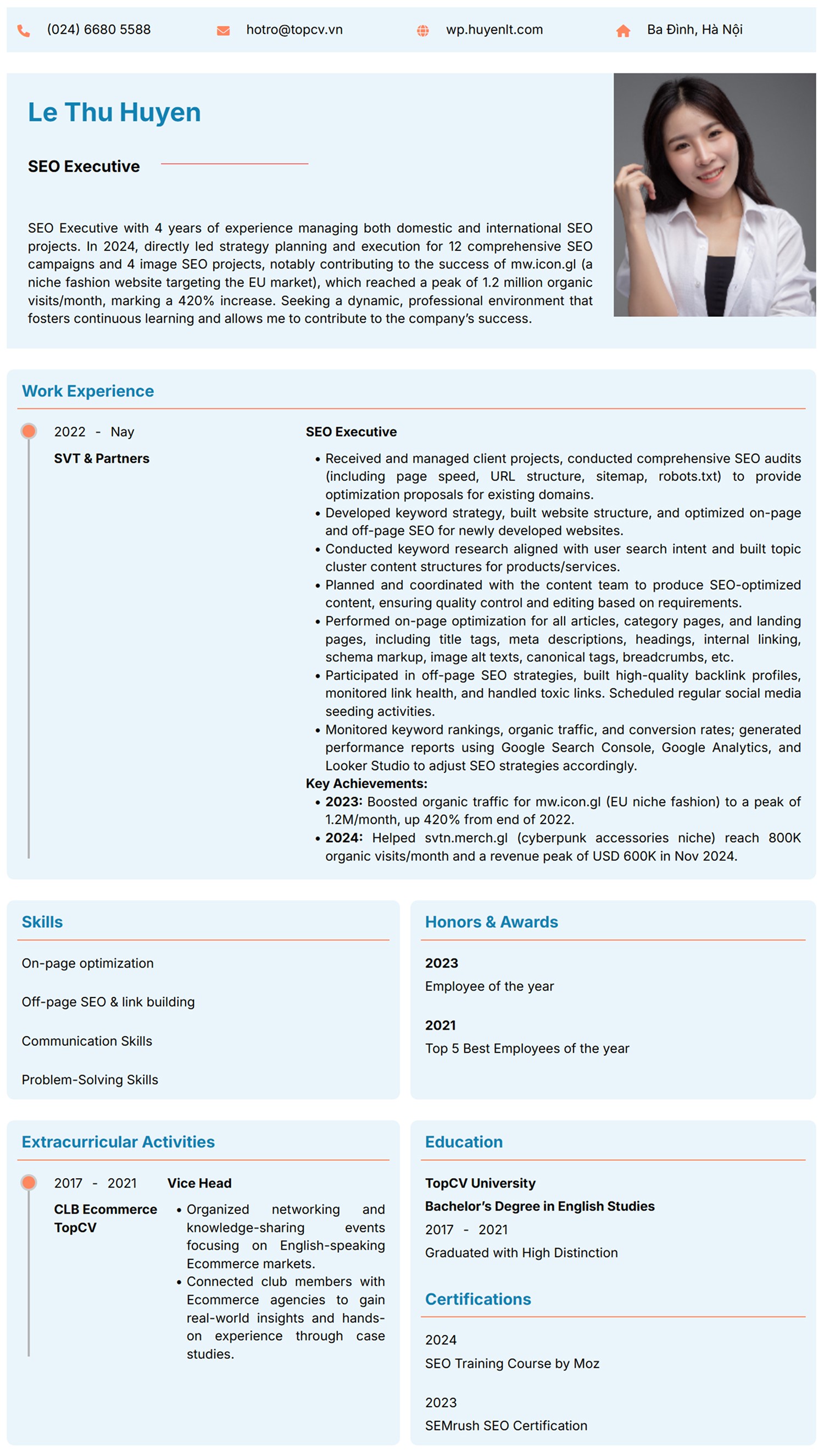 Mẫu CV SEO Executive tiếng Anh